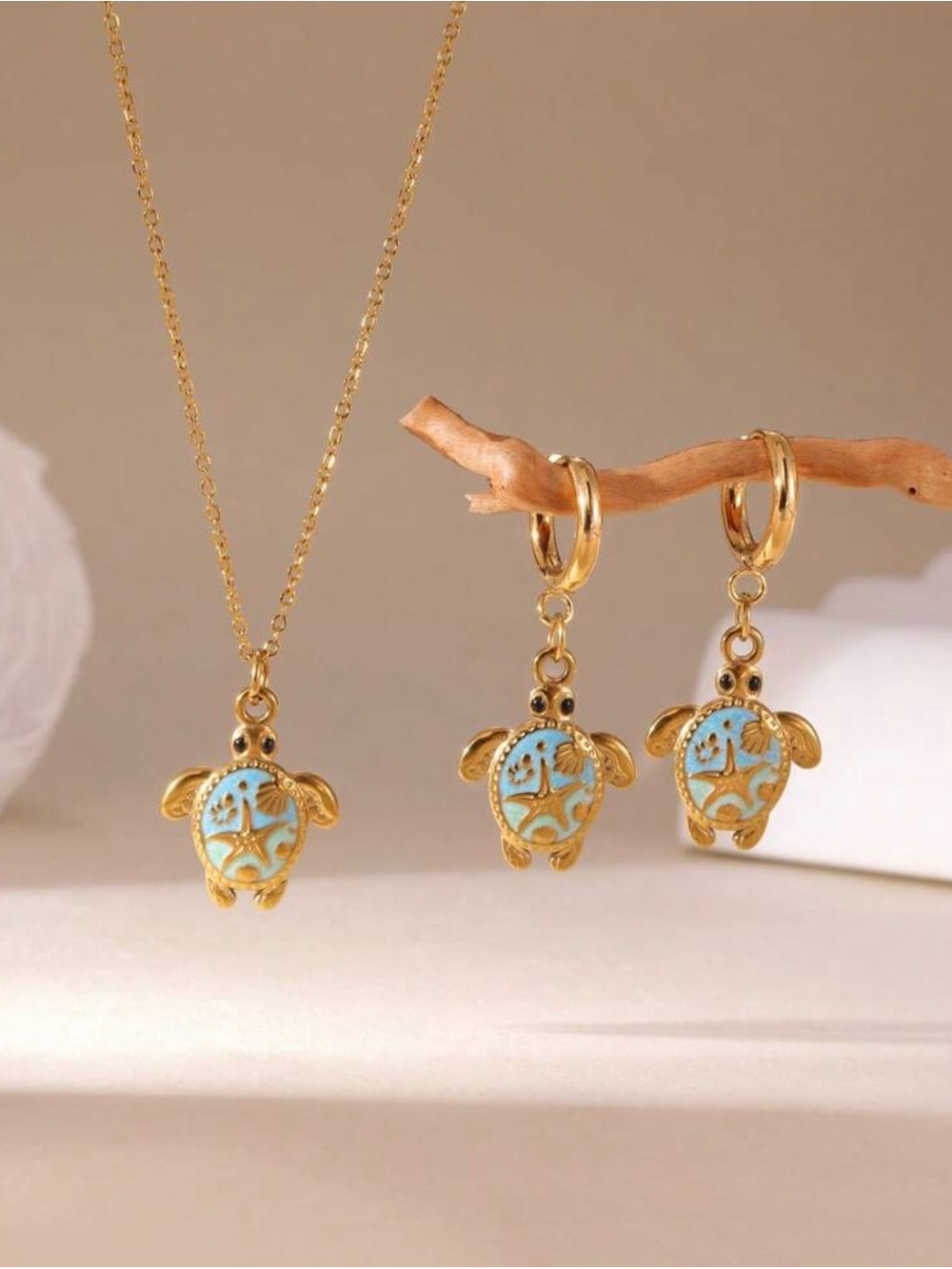Gold  Turtle Pendant Necklace and Earrings Set - Turquoise Accents